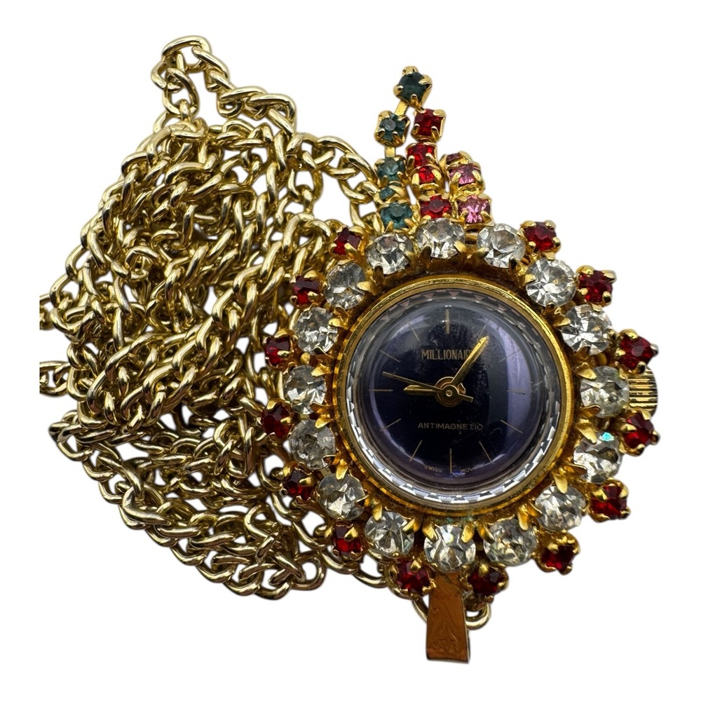 Vintage Millionaire Rhinestone Pendant Watch Necklace Gold Tone Swiss‎
